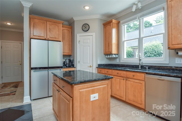 9221 Belle Pines Ct, Sherrills Ford, NC 28673 - kitchen featuring appliances with stainless steel finishes, ornamental molding, a kitchen island, dark stone countertops, and light tile patterned floors