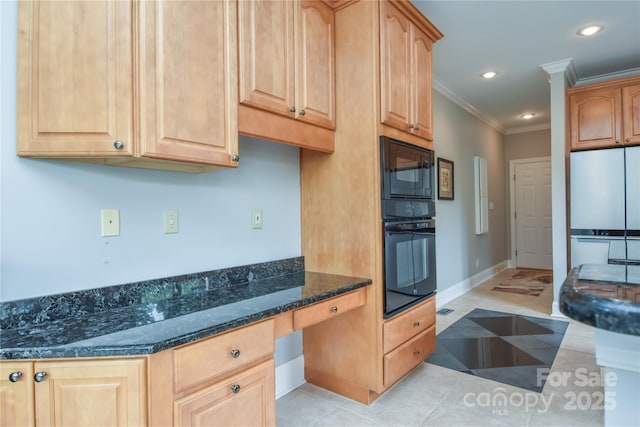 9221 Belle Pines Ct, Sherrills Ford, NC 28673 - kitchen with black appliances, ornamental molding, built in study area, light brown cabinets, and dark stone countertops