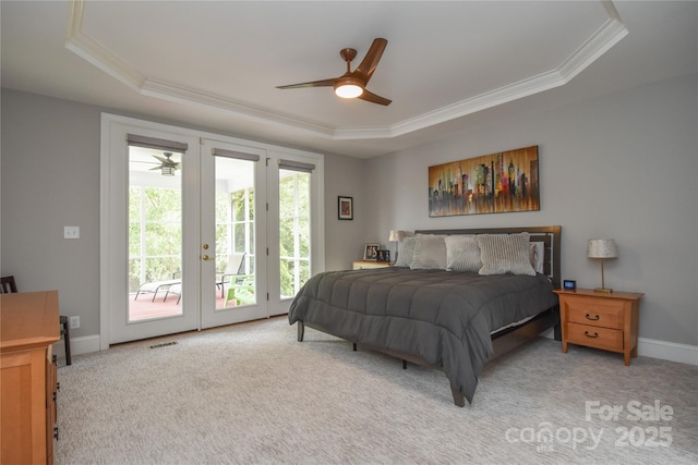 9221 Belle Pines Ct, Sherrills Ford, NC 28673 - bedroom with a raised ceiling, crown molding, access to exterior, light carpet, and french doors