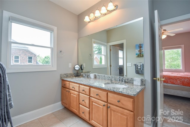 9221 Belle Pines Ct, Sherrills Ford, NC 28673 - ensuite bathroom with tile patterned flooring, double vanity, and a ceiling fan