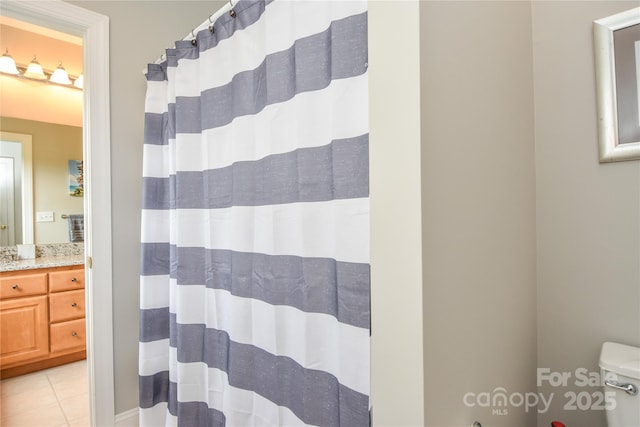 9221 Belle Pines Ct, Sherrills Ford, NC 28673 - bathroom with vanity, tile patterned floors, and a shower with shower curtain