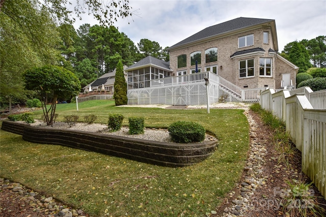 9221 Belle Pines Ct, Sherrills Ford, NC 28673 - rear view of property with a wooden deck, brick siding, and a sunroom
