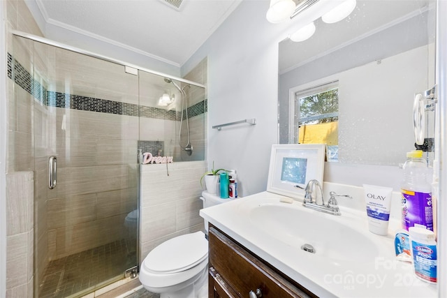 107 Laura Springs Dr, Salisbury, NC 28146 - bathroom featuring vanity, crown molding, and a stall shower