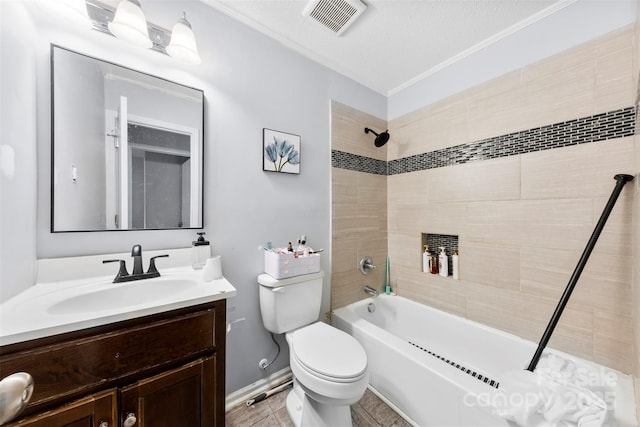 107 Laura Springs Dr, Salisbury, NC 28146 - bathroom featuring vanity, shower / bathtub combination, ornamental molding, and a textured ceiling