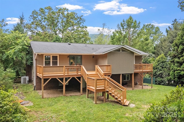 15 Beaverdam Ct, Asheville, NC 28804 - rear view of property with a wooden deck, stairway, a lawn, and view of wooded area