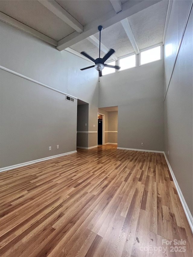 140 Lake Concord Rd NE Unit B7, Concord, NC 28025 - unfurnished room with wood finished floors, a ceiling fan, beamed ceiling, and high vaulted ceiling