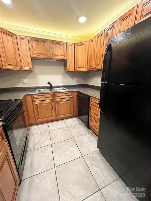 140 Lake Concord Rd NE Unit B7, Concord, NC 28025 - kitchen featuring black appliances, light tile patterned floors, brown cabinetry, dark countertops, and recessed lighting
