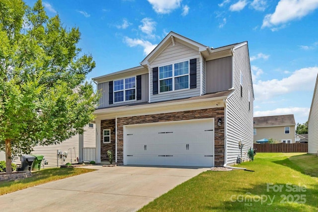 2932 Berry Creek Rd, Charlotte, NC 28214 - craftsman inspired home with stone siding, an attached garage, concrete driveway, and board and batten siding