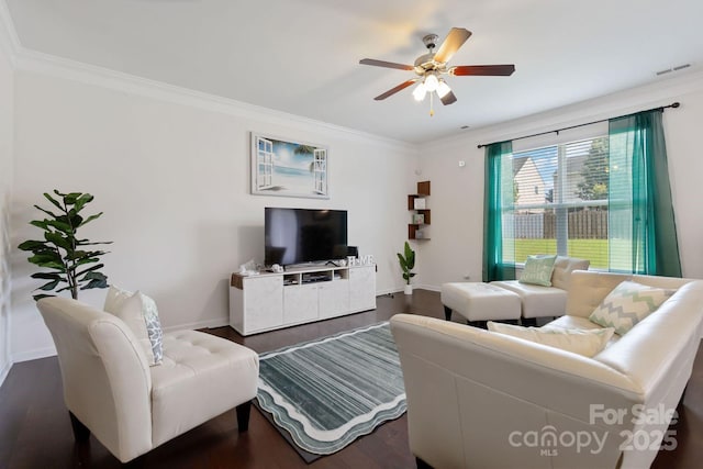 2932 Berry Creek Rd, Charlotte, NC 28214 - living room featuring crown molding, ceiling fan, and dark wood-style floors