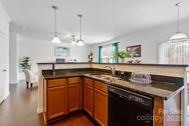 2932 Berry Creek Rd, Charlotte, NC 28214 - kitchen featuring black dishwasher, a ceiling fan, ornamental molding, brown cabinets, and decorative light fixtures