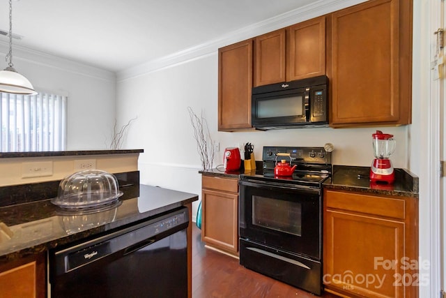 2932 Berry Creek Rd, Charlotte, NC 28214 - kitchen featuring black appliances, dark wood finished floors, dark stone counters, brown cabinetry, and crown molding