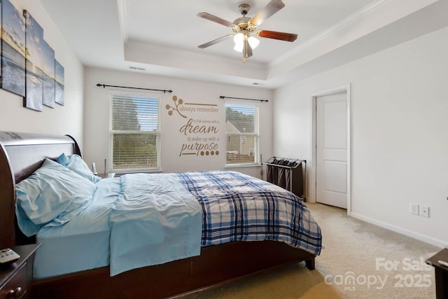 2932 Berry Creek Rd, Charlotte, NC 28214 - bedroom featuring a raised ceiling, carpet flooring, ornamental molding, and a ceiling fan
