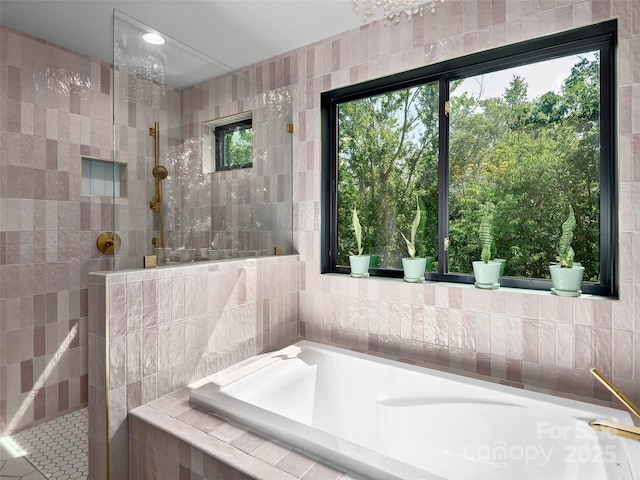 184 Sandys Home Pl, Mars Hill, NC 28754 - full bathroom featuring a bath, walk in shower, and tile walls