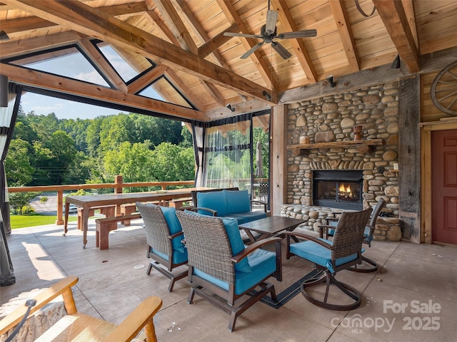 184 Sandys Home Pl, Mars Hill, NC 28754 - view of patio featuring an outdoor stone fireplace, ceiling fan, a gazebo, and a wooded view
