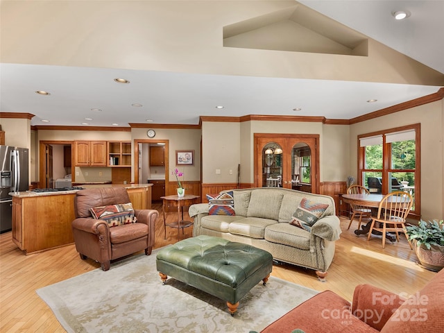 599 Red Fox Ln, Flat Rock, NC 28731 - living area with a wainscoted wall, recessed lighting, crown molding, and light wood-style flooring