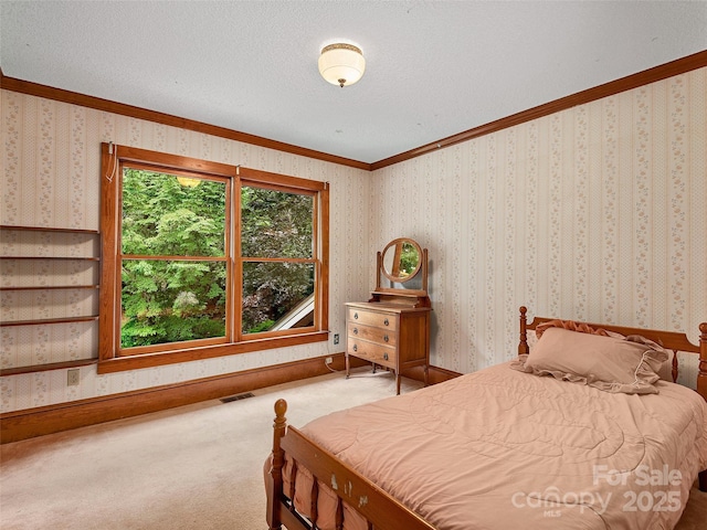 599 Red Fox Ln, Flat Rock, NC 28731 - carpeted bedroom with crown molding and wallpapered walls