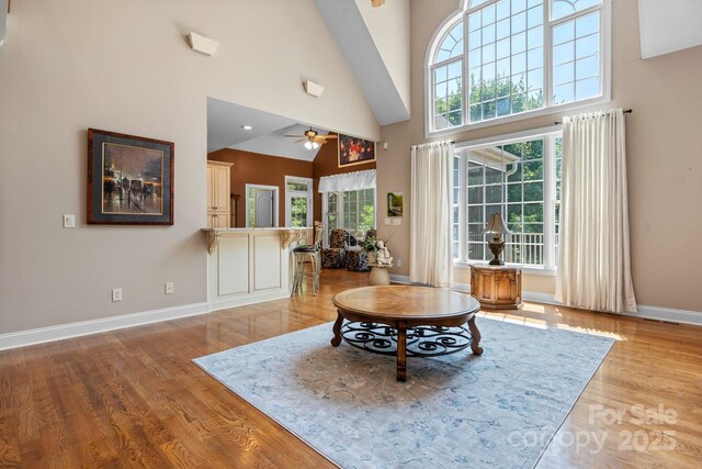 2301 Willow Creek Dr, Newton, NC 28658 - entrance foyer featuring wood finished floors, high vaulted ceiling, and a ceiling fan
