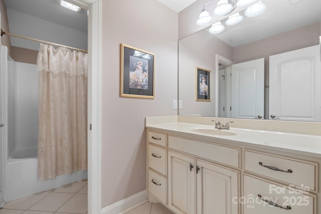 2301 Willow Creek Dr, Newton, NC 28658 - bathroom featuring vanity, tile patterned floors, shower / tub combo, and a chandelier