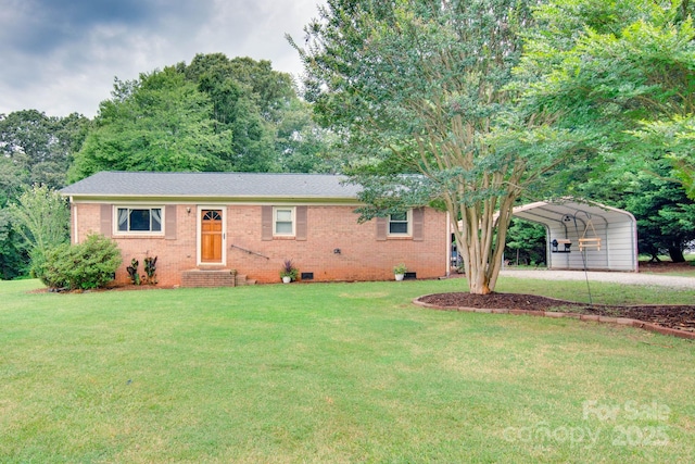 1715 Nelson Dr, Newton, NC 28658 - ranch-style house featuring a front lawn, driveway, a detached carport, brick siding, and crawl space