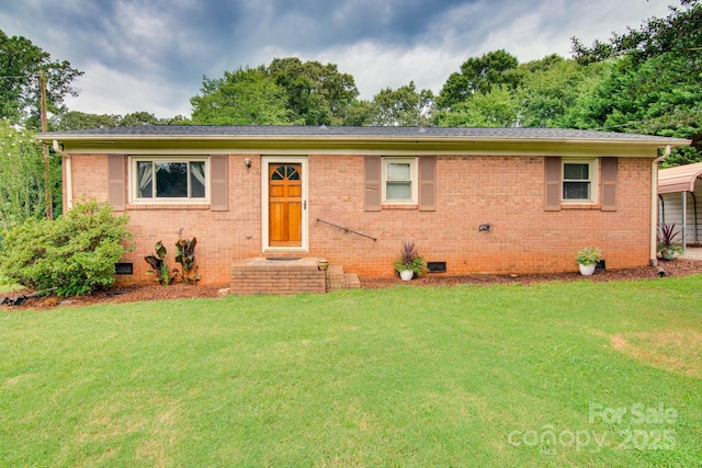 1715 Nelson Dr, Newton, NC 28658 - ranch-style house with crawl space, a front lawn, brick siding, and a detached carport