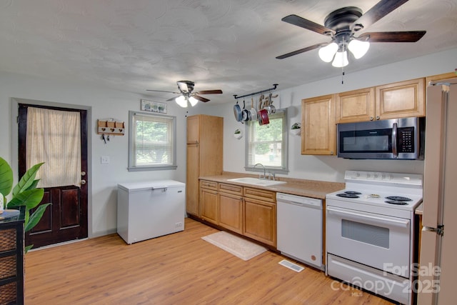 1715 Nelson Dr, Newton, NC 28658 - kitchen with white appliances, a ceiling fan, light countertops, and healthy amount of natural light