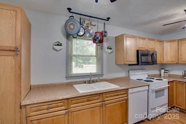 1715 Nelson Dr, Newton, NC 28658 - kitchen featuring white appliances, light countertops, a ceiling fan, and light wood-style floors