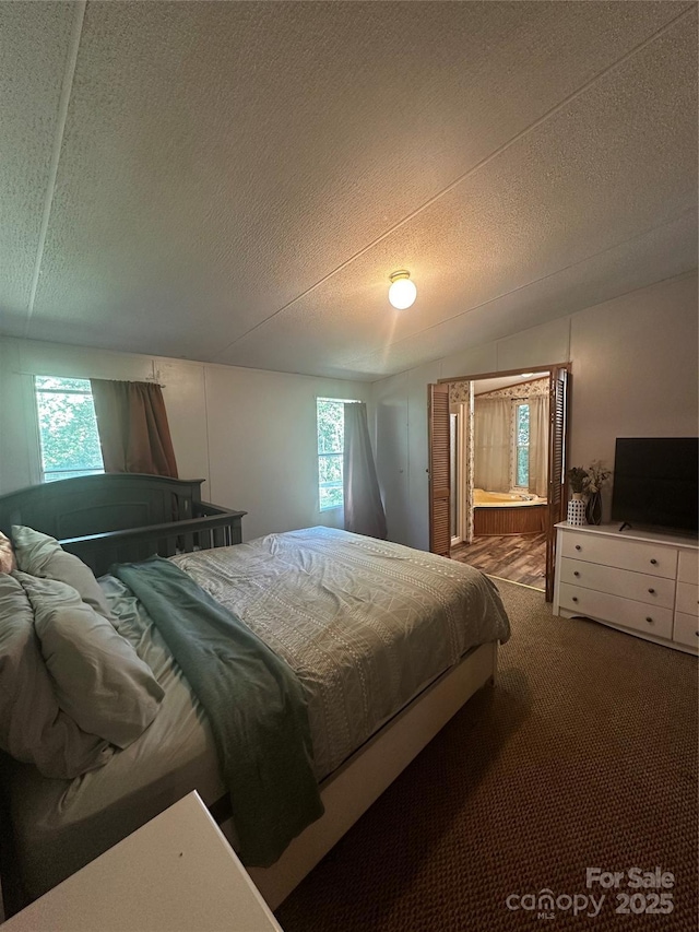 584 Ebenezer Rd, Old Fort, NC 28762 - bedroom with multiple windows, carpet, a textured ceiling, and vaulted ceiling