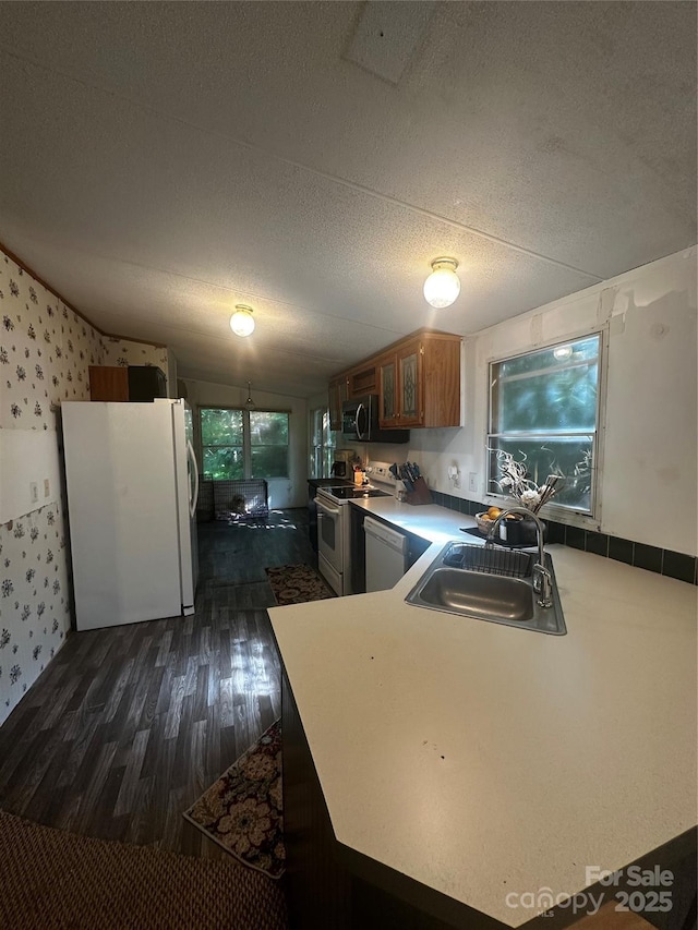 584 Ebenezer Rd, Old Fort, NC 28762 - kitchen with white appliances, dark wood-type flooring, wallpapered walls, a textured ceiling, and brown cabinetry