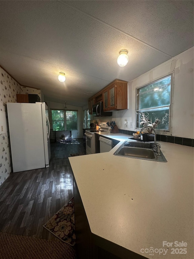 584 Ebenezer Rd, Old Fort, NC 28762 - kitchen featuring white appliances, brown cabinets, dark wood-style floors, and a textured ceiling