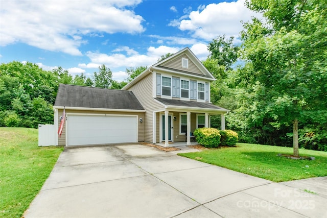 8225 Midas Ln, Locust, NC 28097 - traditional home with a porch, a garage, concrete driveway, and a front yard