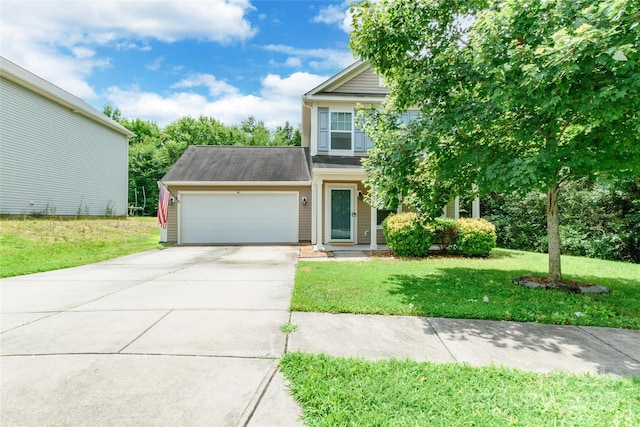 8225 Midas Ln, Locust, NC 28097 - view of front of house with an attached garage, concrete driveway, a front lawn, and roof with shingles