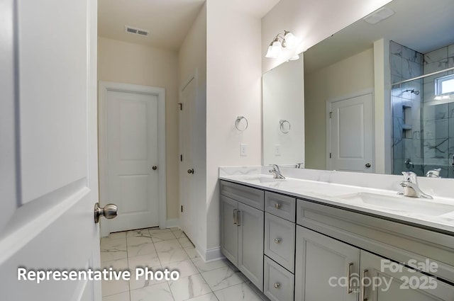 3238 Bozeman Ct Unit 07, Denver, NC 28164 - full bathroom featuring marble look tile flooring, double vanity, and a stall shower