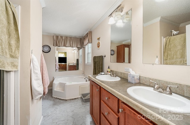 5602 Flint Ridge Church Rd, Marshville, NC 28103 - bathroom with a textured ceiling, a bath, double vanity, marble look tiles, and crown molding
