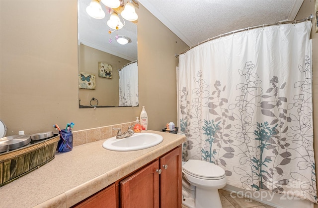 5602 Flint Ridge Church Rd, Marshville, NC 28103 - bathroom with vanity, a textured ceiling, ornamental molding, tile patterned floors, and a chandelier