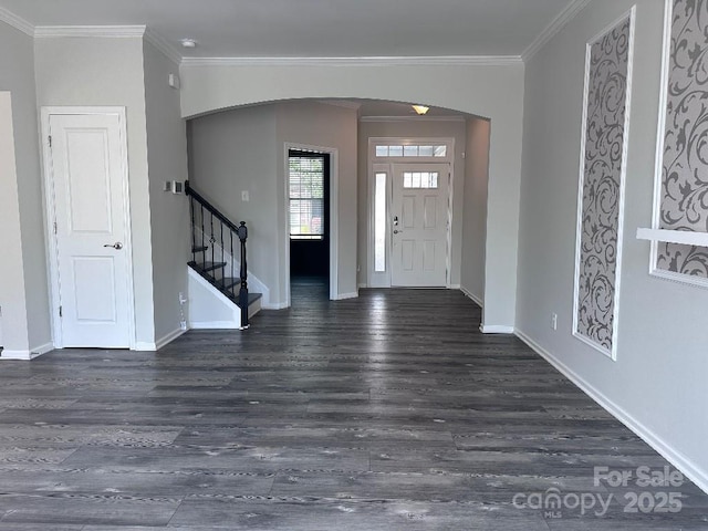 764 River Park Rd, Belmont, NC 28012 - entryway featuring arched walkways, ornamental molding, stairs, and wood finished floors