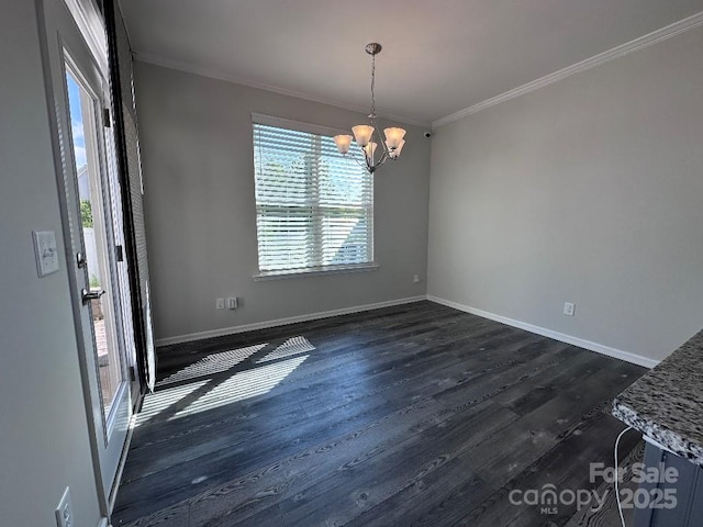 764 River Park Rd, Belmont, NC 28012 - spare room featuring dark wood-style flooring, ornamental molding, and a chandelier