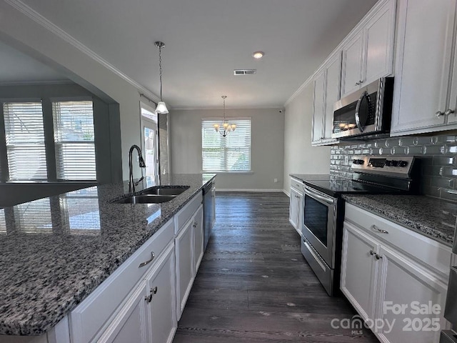 764 River Park Rd, Belmont, NC 28012 - kitchen featuring appliances with stainless steel finishes, ornamental molding, a chandelier, dark wood-style floors, and white cabinets