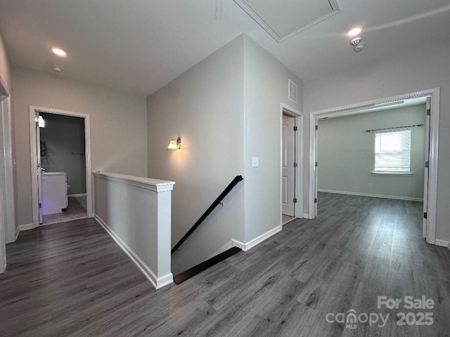 764 River Park Rd, Belmont, NC 28012 - corridor with an upstairs landing, attic access, and dark wood-style floors