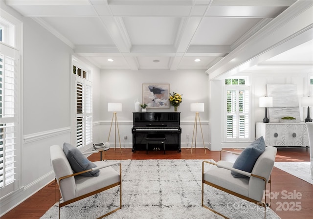 3015 Stanbury Dr, Matthews, NC 28104 - living room with wood finished floors, beamed ceiling, coffered ceiling, and recessed lighting