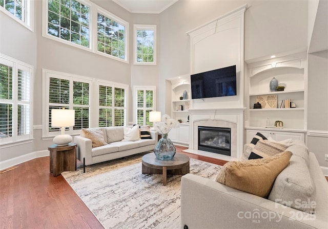 3015 Stanbury Dr, Matthews, NC 28104 - living area with built in features, a high ceiling, a high end fireplace, wood finished floors, and plenty of natural light