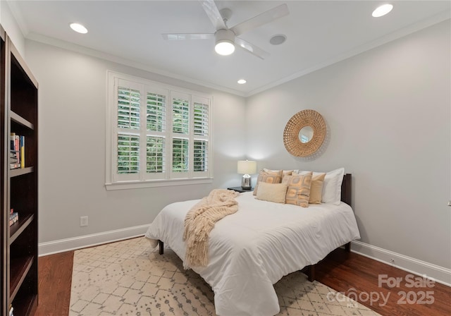3015 Stanbury Dr, Matthews, NC 28104 - bedroom with wood finished floors, ornamental molding, recessed lighting, and a ceiling fan