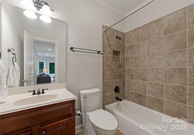 3015 Stanbury Dr, Matthews, NC 28104 - ensuite bathroom featuring vanity, washtub / shower combination, and crown molding