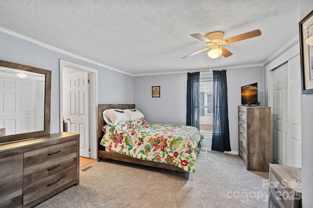 74 Meadow Ave, Concord, NC 28025 - bedroom with crown molding, light colored carpet, ceiling fan, and a textured ceiling