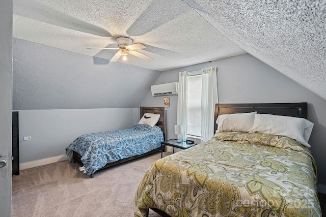 74 Meadow Ave, Concord, NC 28025 - carpeted bedroom featuring an AC wall unit, lofted ceiling, ceiling fan, and a textured ceiling