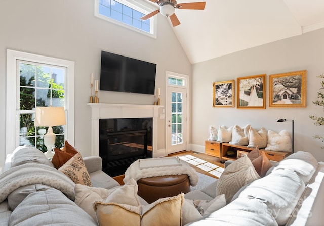 202 Montrose Dr, Waxhaw, NC 28173 - living area featuring high vaulted ceiling, ceiling fan, and a fireplace with flush hearth