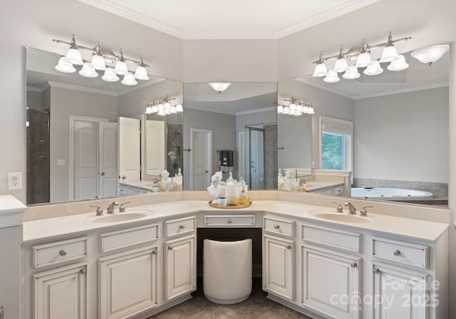 202 Montrose Dr, Waxhaw, NC 28173 - bathroom featuring a stall shower, ornamental molding, double vanity, and a garden tub