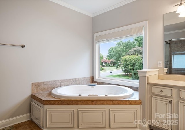 202 Montrose Dr, Waxhaw, NC 28173 - bathroom with a bath, vanity, ornamental molding, and an enclosed shower
