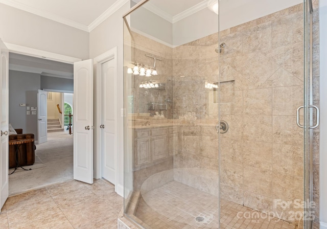 202 Montrose Dr, Waxhaw, NC 28173 - bathroom featuring a stall shower and ornamental molding