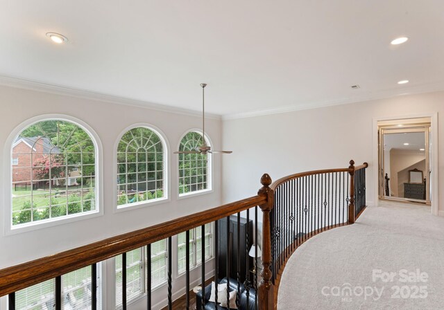 202 Montrose Dr, Waxhaw, NC 28173 - hallway with crown molding, recessed lighting, carpet flooring, and an upstairs landing