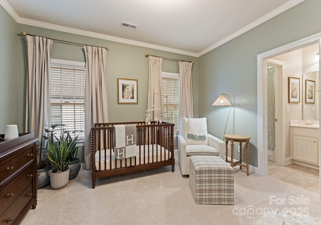 202 Montrose Dr, Waxhaw, NC 28173 - bedroom featuring ornamental molding, carpet floors, and ensuite bathroom